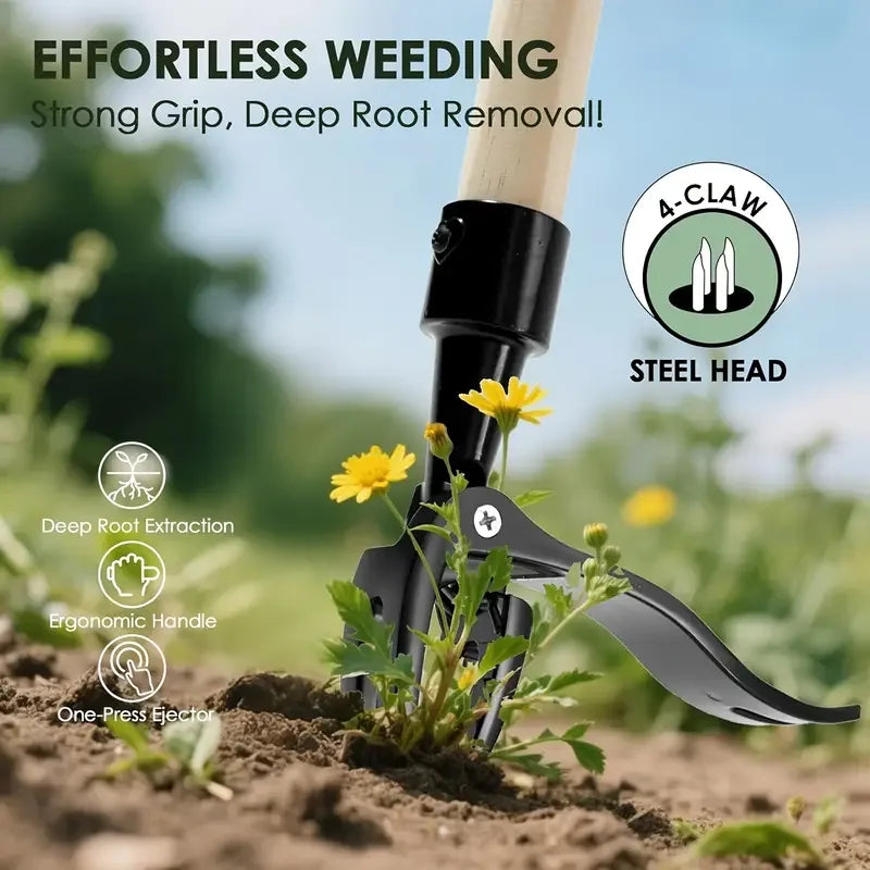Heavy Duty Weed Puller with 4-Prong Claw Stainless Steel Root Removal Garden Tool