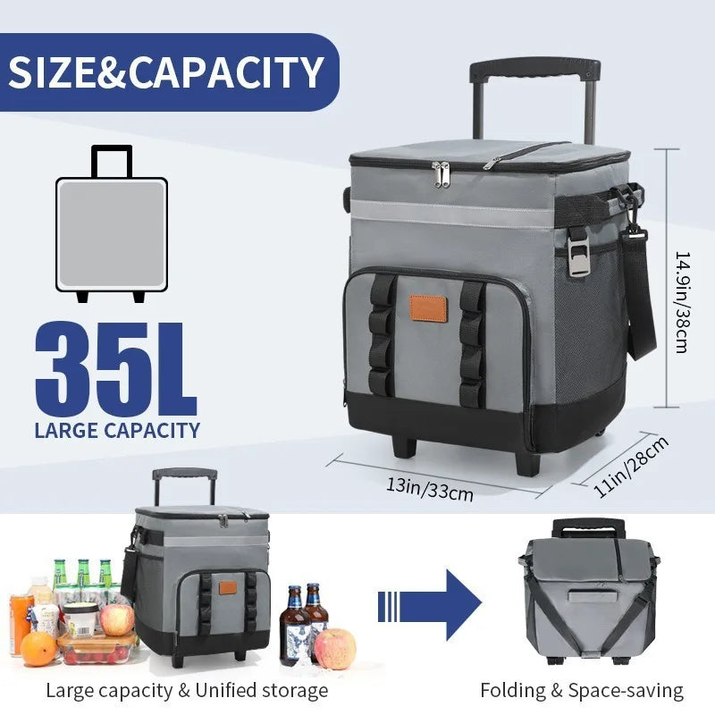 35L Portable Gray Rolling Cooler Bag with Wheels Telescopic Handle for Camping Picnic Beach and Travel