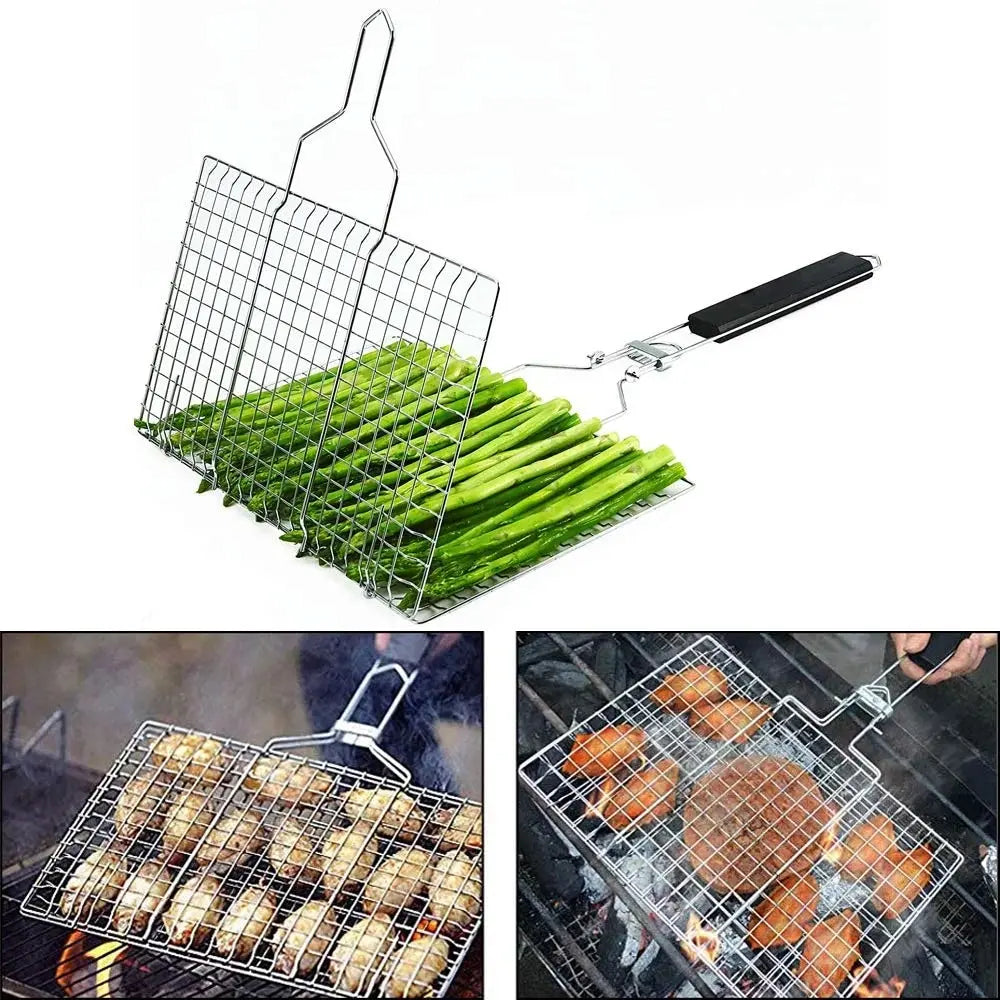 Stainless Steel BBQ Grill Basket with Foldable Handle for Meat Fish Vegetables