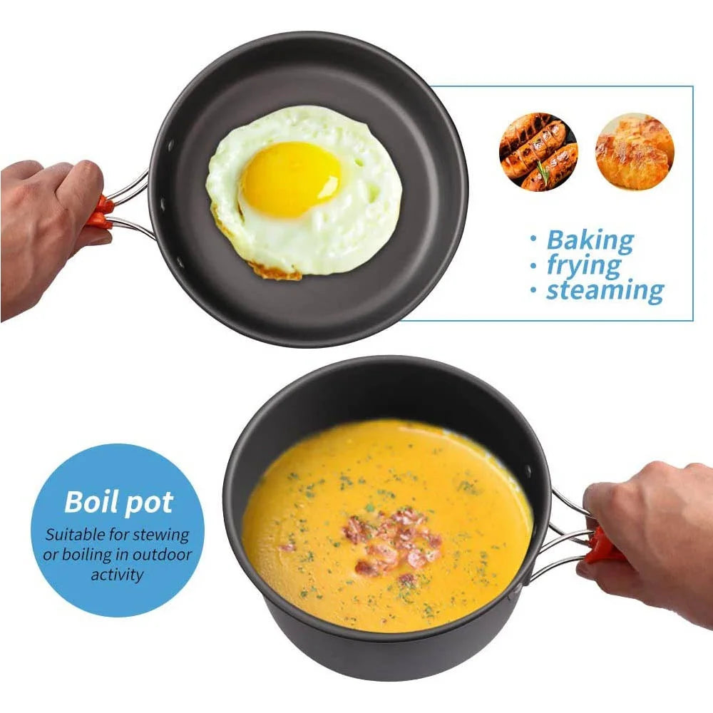 500ml Orange Camping Cookware Set with Pot Pan Cups and Folding Tableware for Outdoor Cooking and Hiking