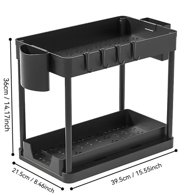 2 Tier Under Sink Organizer Sliding Pull-Out Cabinet Basket Storage Rack with Hooks