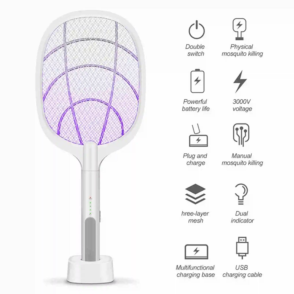 2-in-1 Rechargeable Electric Fly Swatter USB Insect Zapper Racket with LED Light