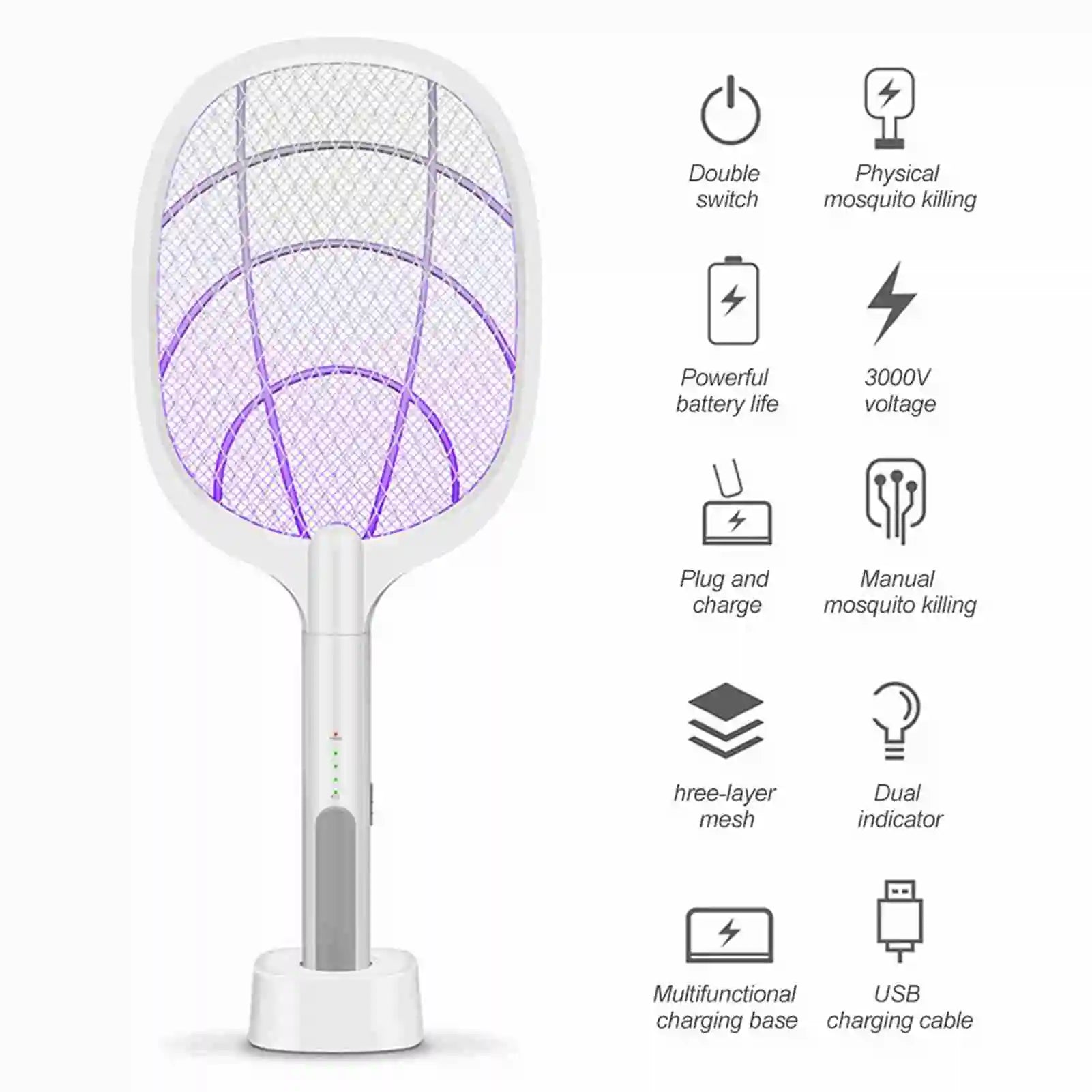 2-in-1 Rechargeable Electric Fly Swatter USB Insect Zapper Racket with LED Light