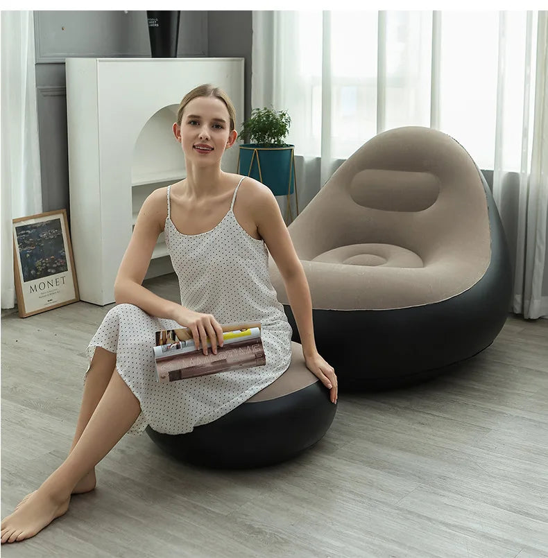 Inflatable Coffee Lazy Sofa Chair with Ottoman Foldable PVC Flocking Lounge Chair for Indoor Outdoor Use