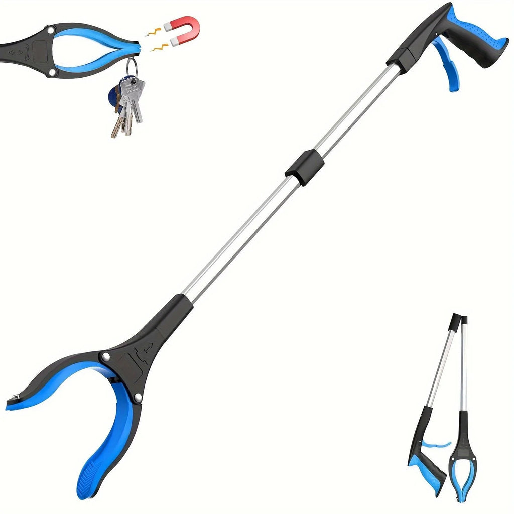 32 Inch Blue Heavy Duty Garbage Grabber with 360° Rotating Clamp Foldable Reaching Tool