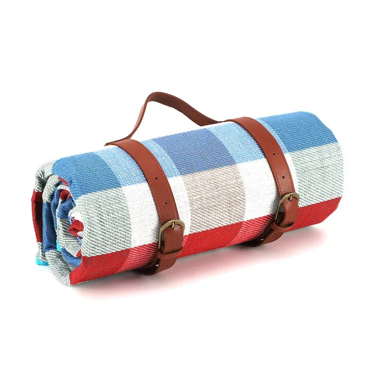150x200cm Foldable Red Blue Picnic Blanket Waterproof Outdoor Mat with Leather Handle for Beach Camping Travel