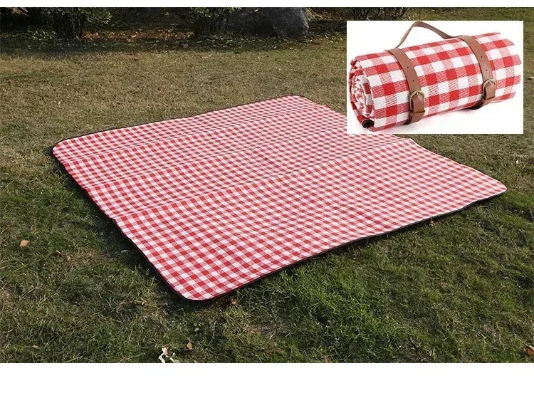 150x200cm Foldable Red White Picnic Blanket Waterproof Outdoor Mat with Leather Handle for Beach Camping Travel
