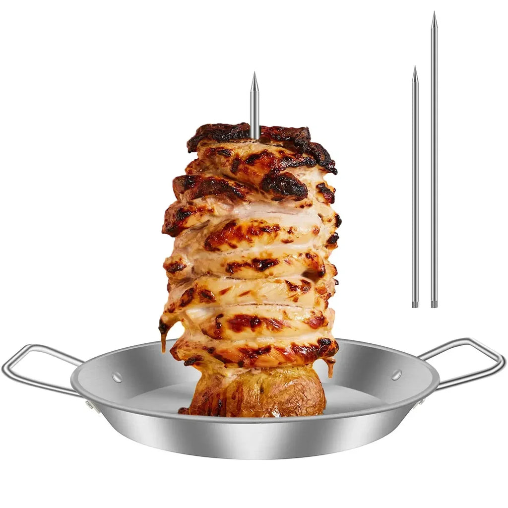 Stainless Steel Vertical BBQ Skewer Rack with Drip Pan and 3 Meat Spikes