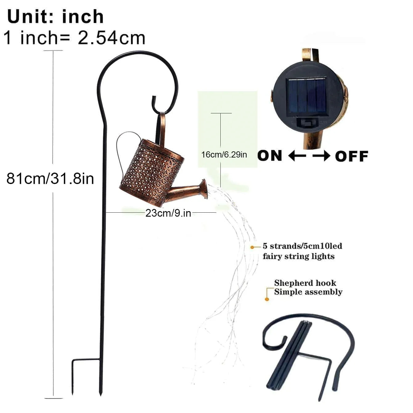 Solar Watering Can Garden Light with Shepherd Hook LED Decorative Stake Lamp Warm White