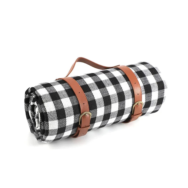 200x200cm Foldable White Plaid Picnic Blanket Waterproof Outdoor Mat with Leather Handle for Beach Camping Travel