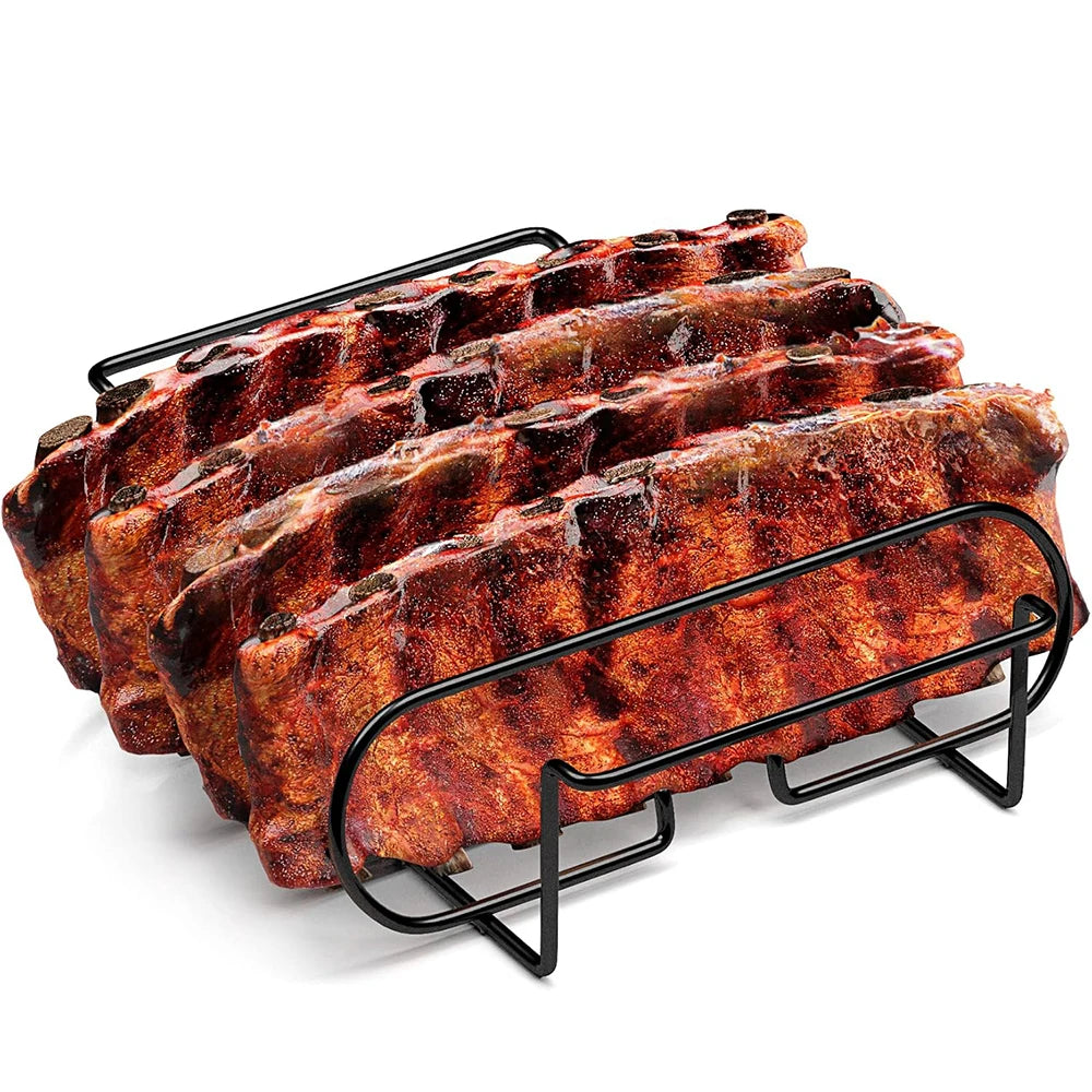 Black BBQ Rib Rack Roasting Stand Holds 4 Ribs for Grill Oven