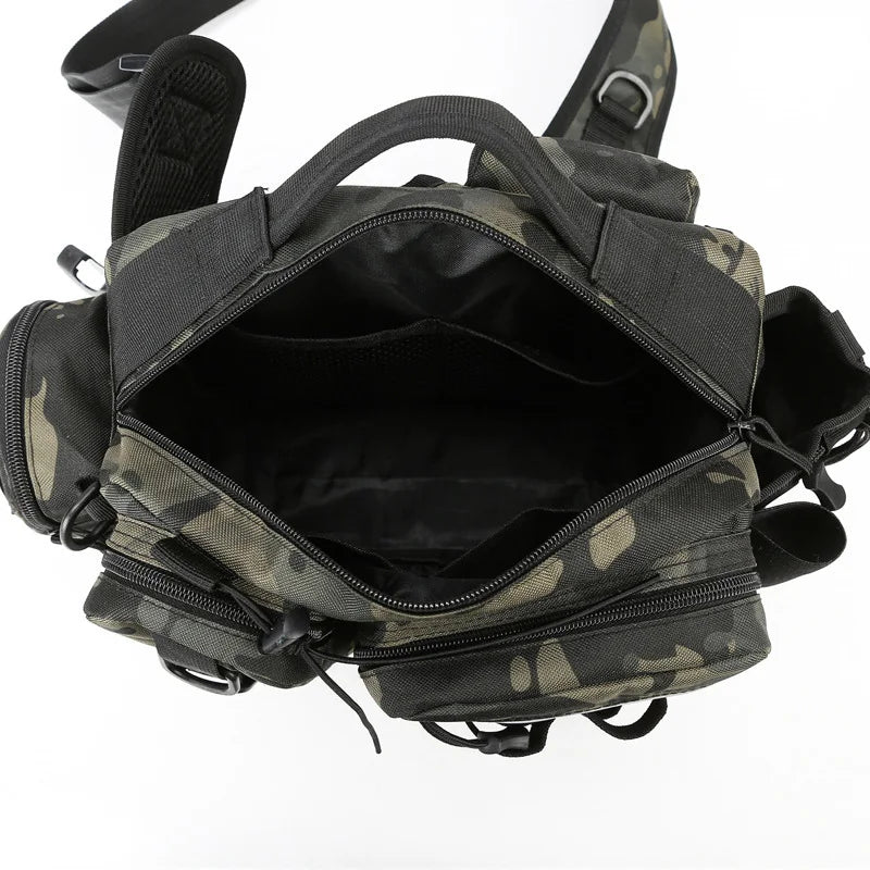 Fishing Tackle Backpack Dark Camouflage Sling Shoulder Bag with Rod Holder Multi Pocket Gear Storage Bag for Fishing and Outdoor Travel