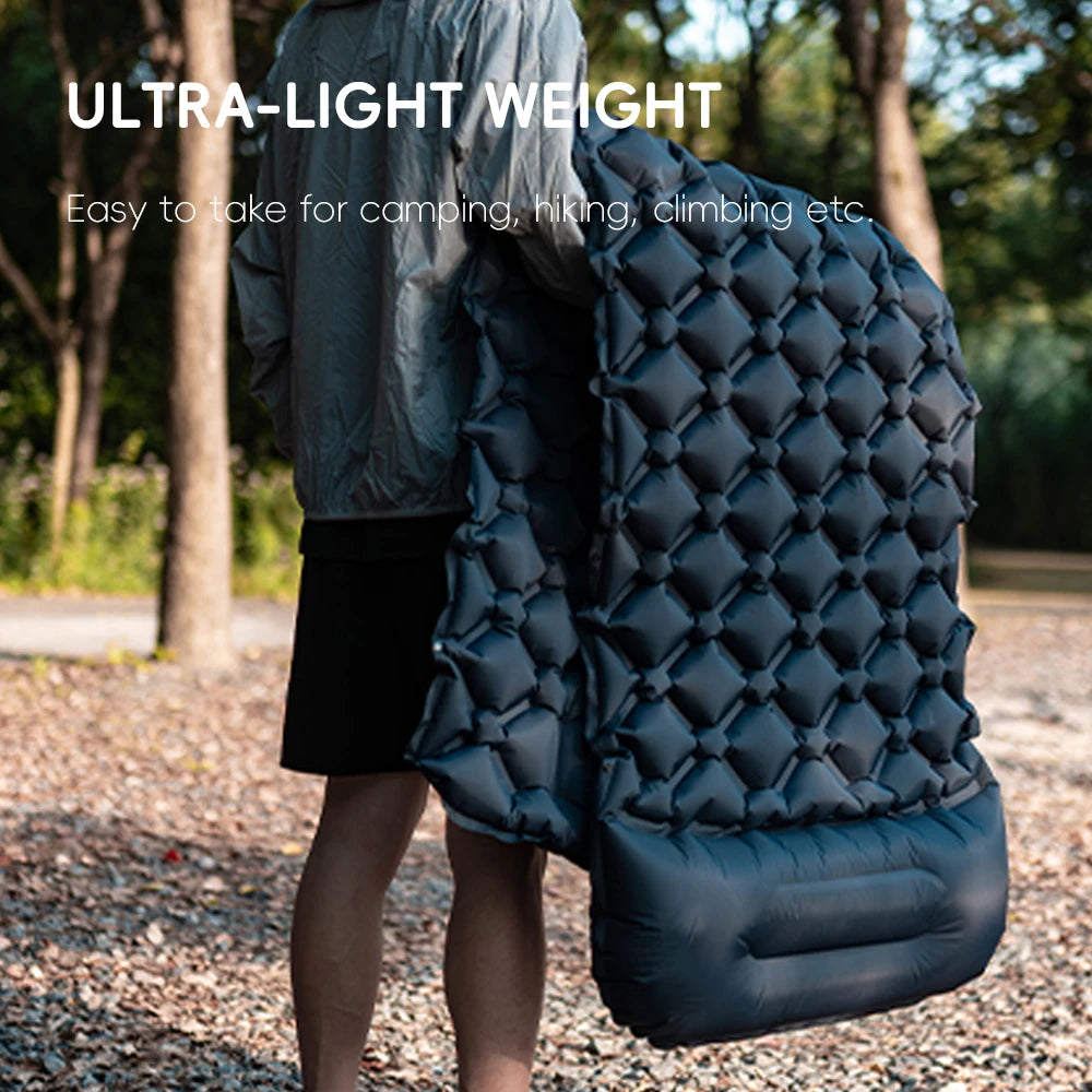 Inflatable Navy Blue Camping Mat with Built In Air Pump Pillow for Hiking Trekking Travel and Outdoor Use