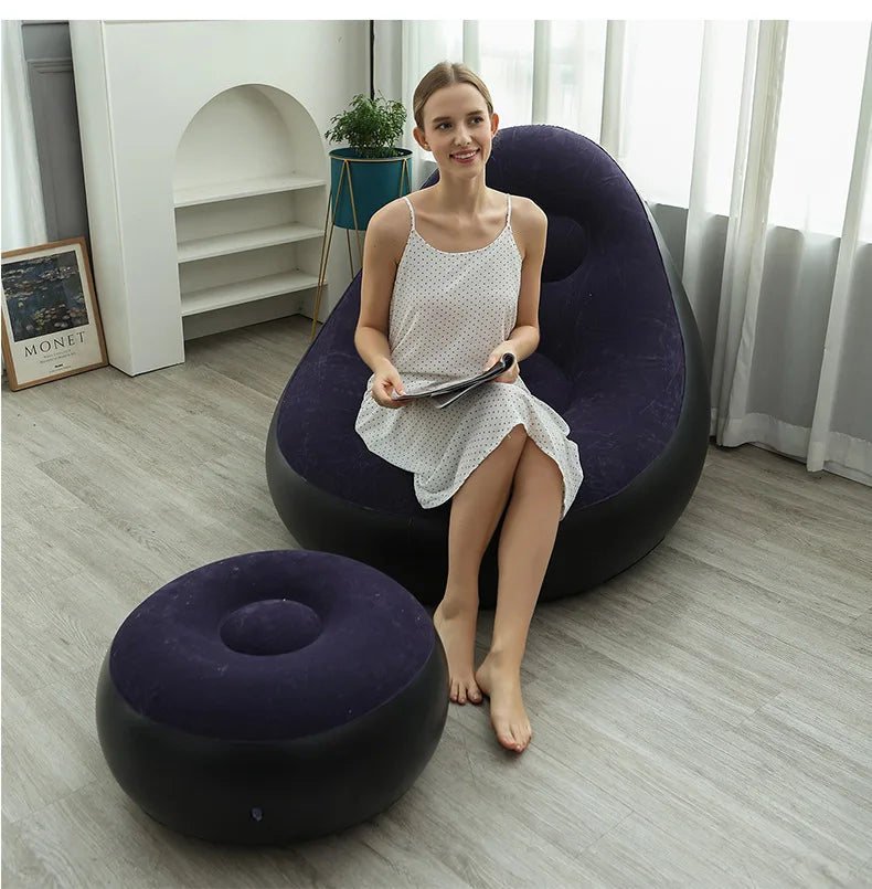 Inflatable Dark Blue Lazy Sofa Chair with Ottoman Foldable PVC Flocking Lounge Chair for Indoor Outdoor Use
