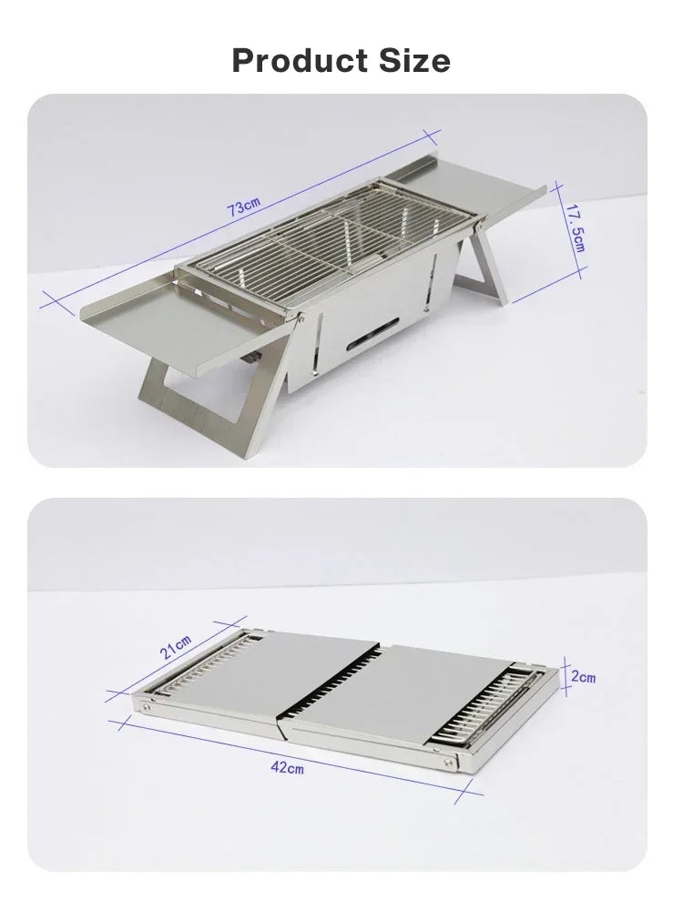 Portable Charcoal BBQ Grill Folding Stainless Steel Barbecue with Side Shelves Carry Pouch and Heat Resistant Mitten