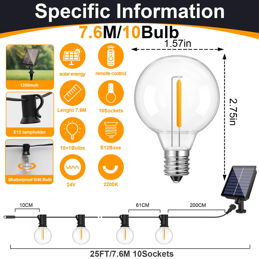 G40 Solar Globe String Lights 25FT 7.6m 10 Bulb Warm White Outdoor Patio Garden Lights