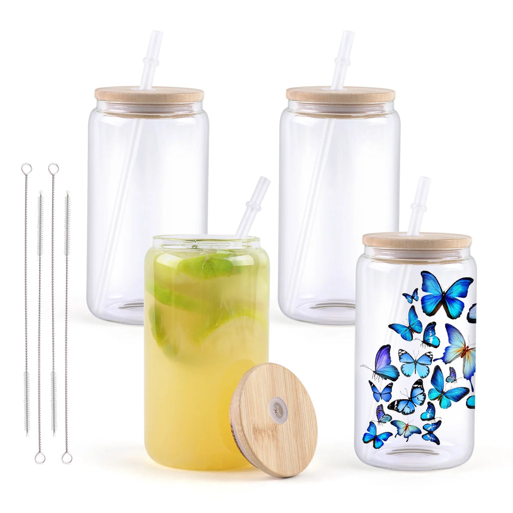 4 Piece 16oz Clear Glass Tumblers with Bamboo Lid DIY Sublimation Cups Set