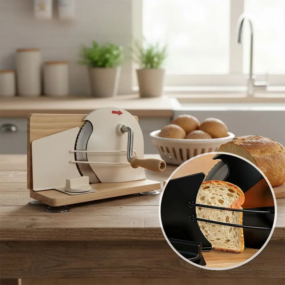 Beige Manual Bread Slicer with Adjustable Thickness Stainless Steel Blade and Hand Crank