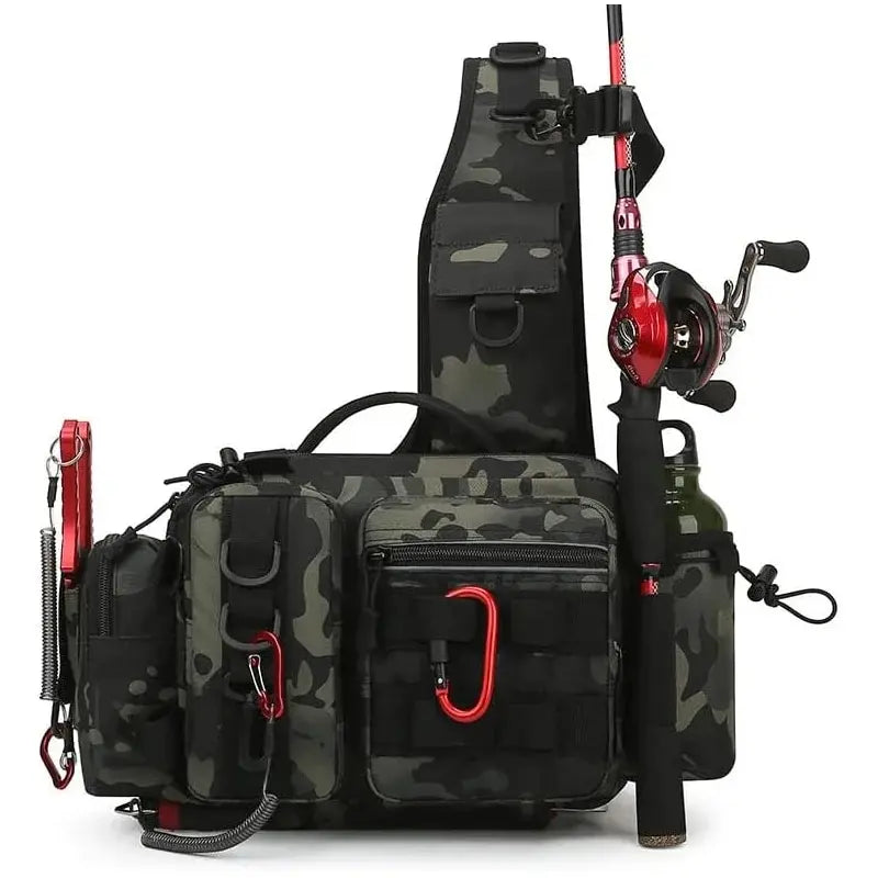 Fishing Tackle Backpack Dark Camouflage Sling Shoulder Bag with Rod Holder Multi Pocket Gear Storage Bag for Fishing and Outdoor Travel