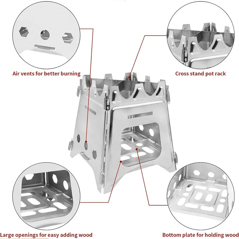 Portable Folding Stainless Steel Wood Stove Lightweight Camping Firewood Stove