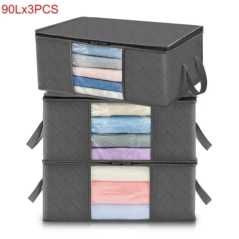 3 Piece 90L Foldable Storage Bag Clothes Blanket Organizer 60x43x35cm with Handle