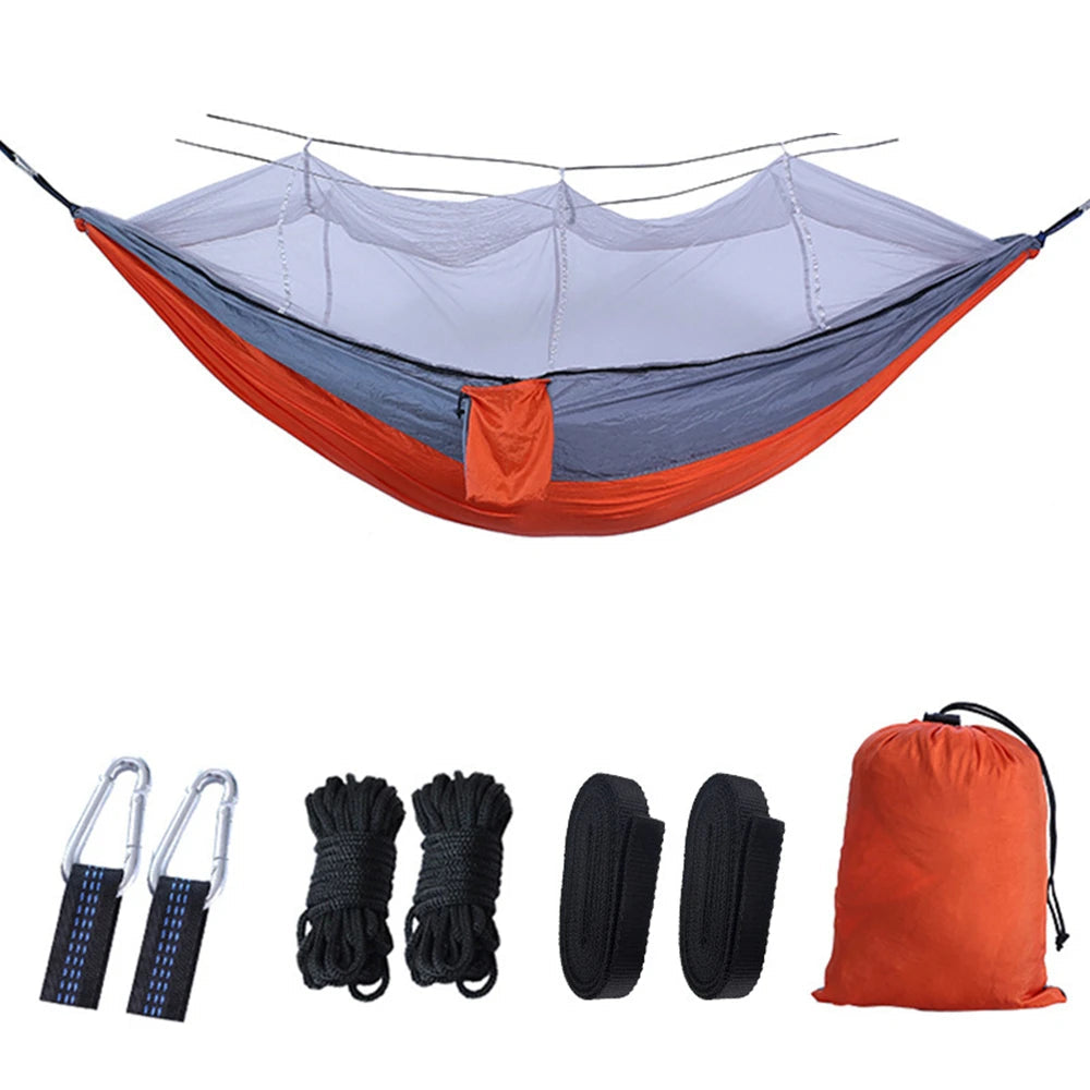 Portable Double Camping Hammock with Mosquito Net Grayish Orange Outdoor Travel Hammock