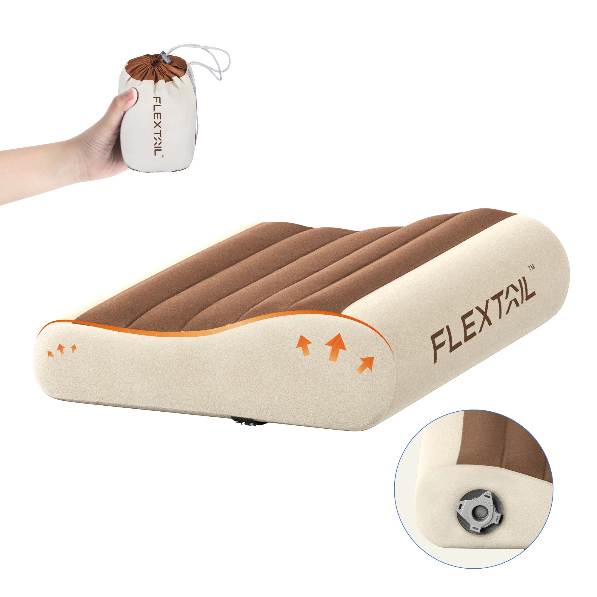 Inflatable Travel Pillow Brown Ergonomic Dual Support Lightweight Portable Pillow for Camping Travel and Home