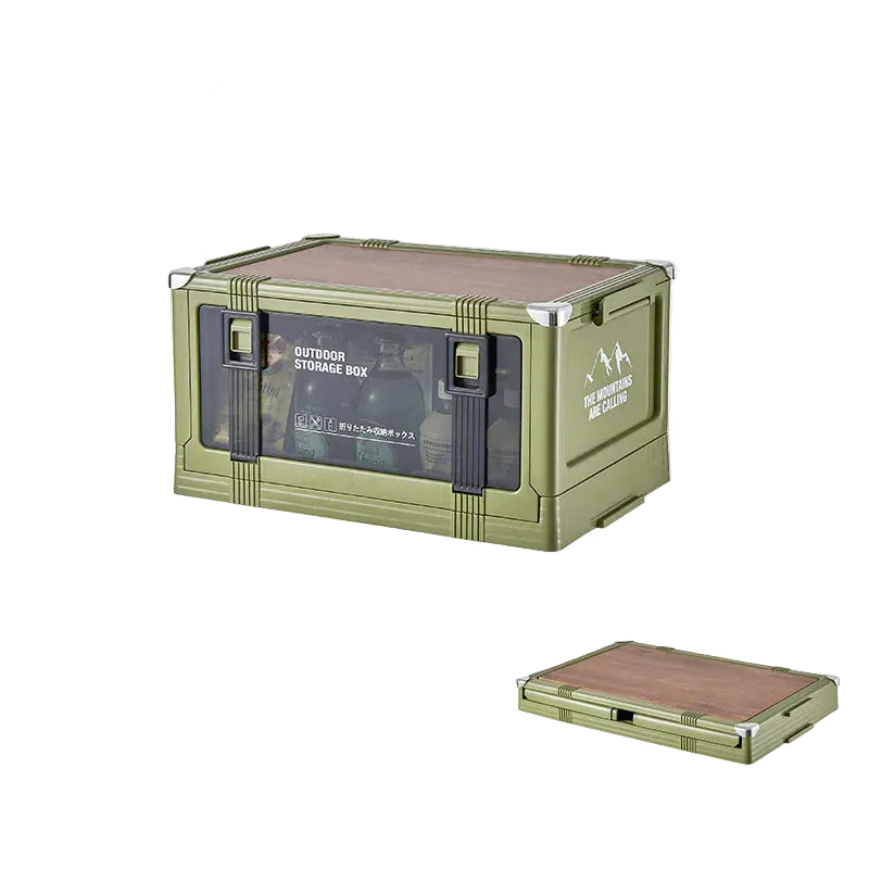 Foldable Small Green Camping Storage Box with Wooden Lid Stackable Car Trunk Organizer