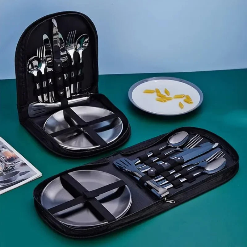 Portable 2 Person Picnic Dinnerware Set Stainless Steel Plates Cutlery Kit with Storage Case for Camping