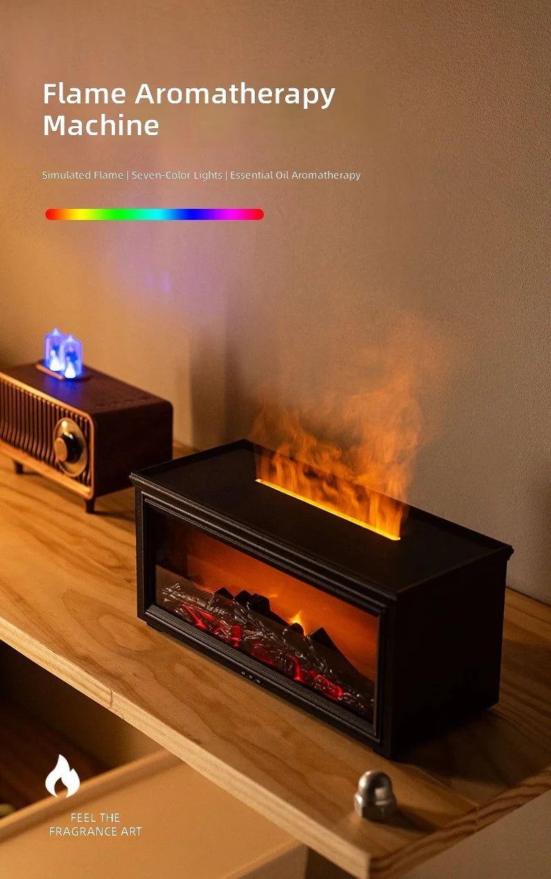 Fireplace Style Aromatherapy Diffuser Black Automatic Mist Humidifier with Flame Effect and Remote Control