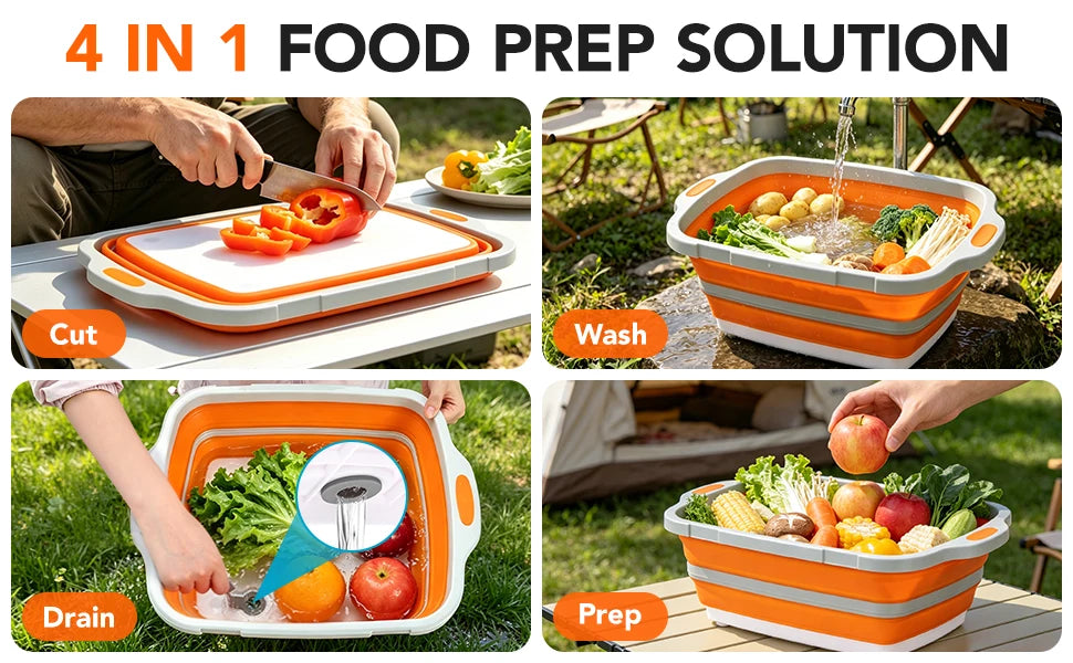 8L Collapsible Orange Food Prep Tub with Cutting Board Drain Plug for Camping BBQ and Outdoor Use