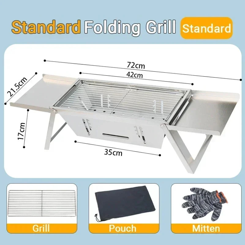 Portable Charcoal BBQ Grill Folding Stainless Steel Barbecue with Side Shelves Carry Pouch and Heat Resistant Mitten