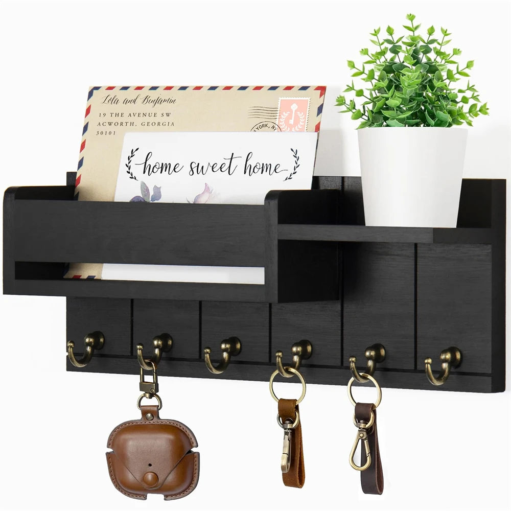 Wood Key Holder Wall Rack with Shelf and 6 Hooks Mail Organizer