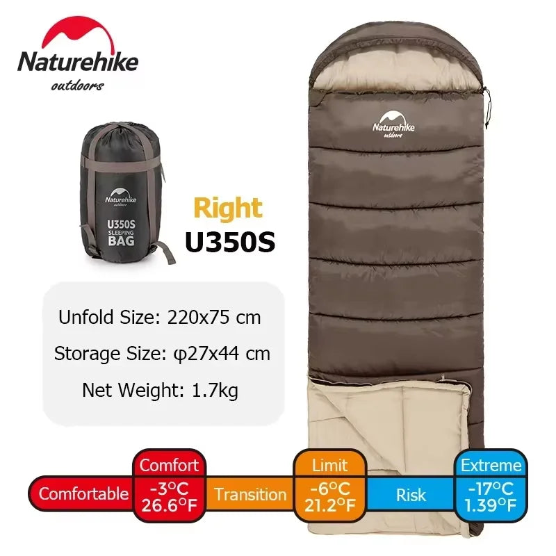 350g Cotton Filled Envelope Brown Right Zip Winter Sleeping Bag for Camping Hiking Trekking and Outdoor Travel
