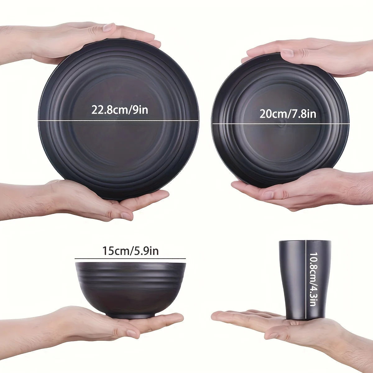 16-Piece Unbreakable Plastic Dinnerware Set with Plates Bowls and Cups Microwave & Dishwasher Safe Black Tableware Set