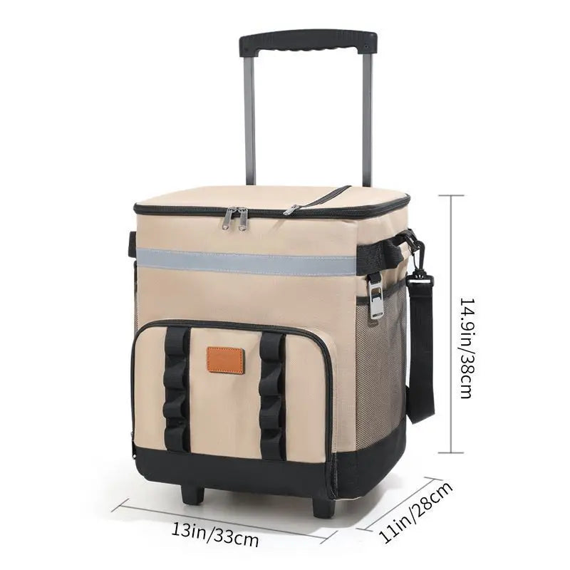 35L Portable Khaki Rolling Cooler Bag with Wheels Telescopic Handle for Camping Picnic Beach and Travel