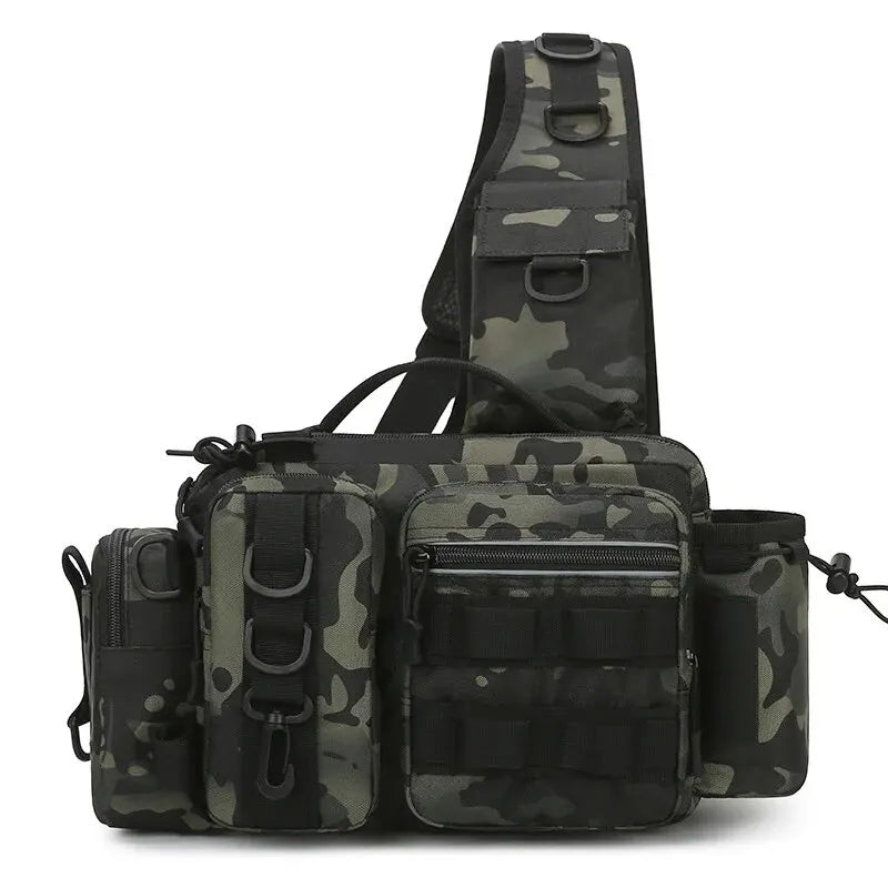 Fishing Tackle Backpack Dark Camouflage Sling Shoulder Bag with Rod Holder Multi Pocket Gear Storage Bag for Fishing and Outdoor Travel