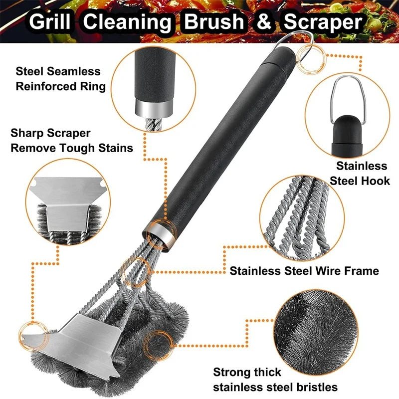 Stainless Steel Grill Cleaning Brush with Scraper and Deluxe Handle for BBQ