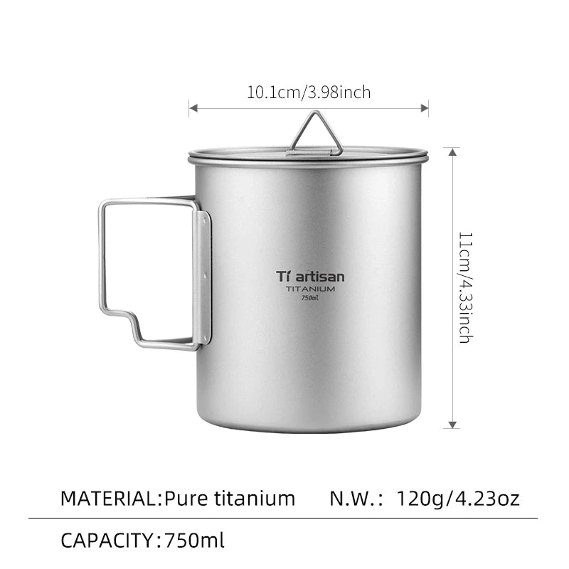 750ml Titanium Camping Mug Lightweight Portable Coffee Cup with Folding Handle and Lid for Outdoor Hiking