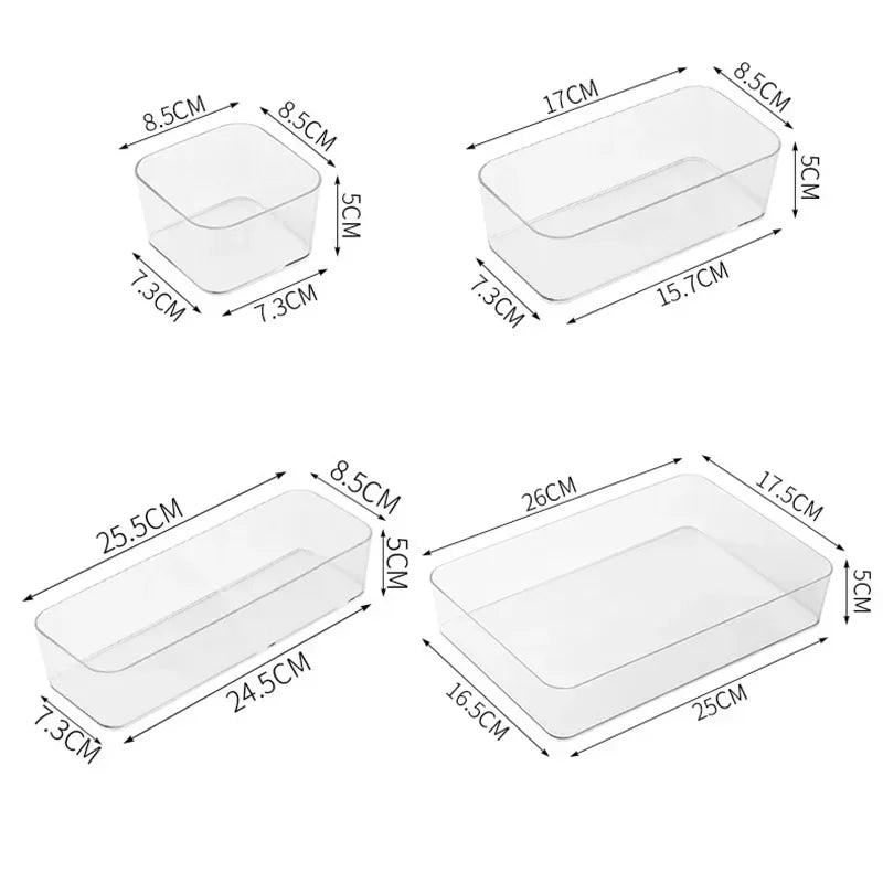4 Piece Clear Drawer Organizer Set Plastic Storage Boxes Multi Size Makeup Bathroom Desk