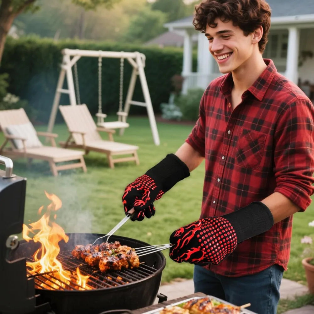 2 Piece BBQ Gloves Red Heat Resistant Non-Slip Cooking Gloves for Grilling Baking and Outdoor Cooking