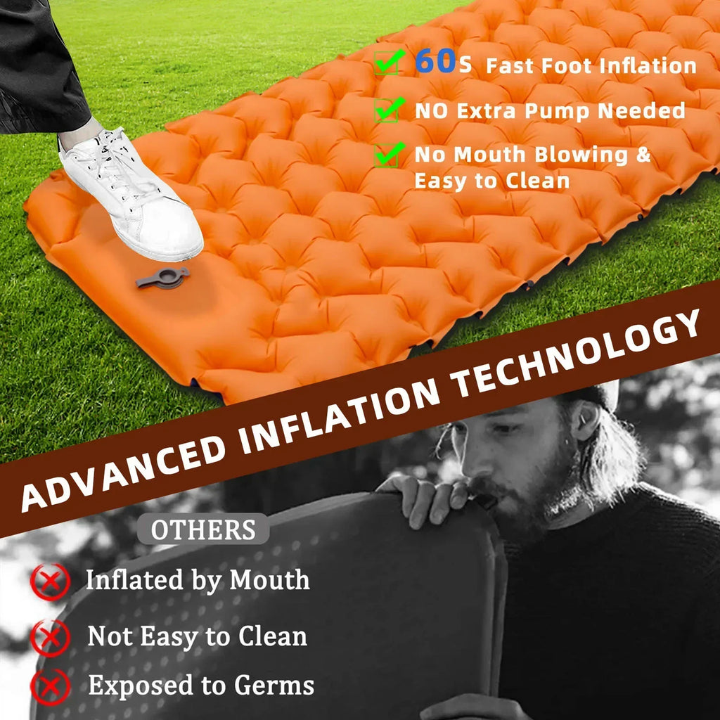 Ultralight Inflatable Orange Camping Sleeping Pad with Built-In Foot Pump and Pillow for Hiking Backpacking Travel