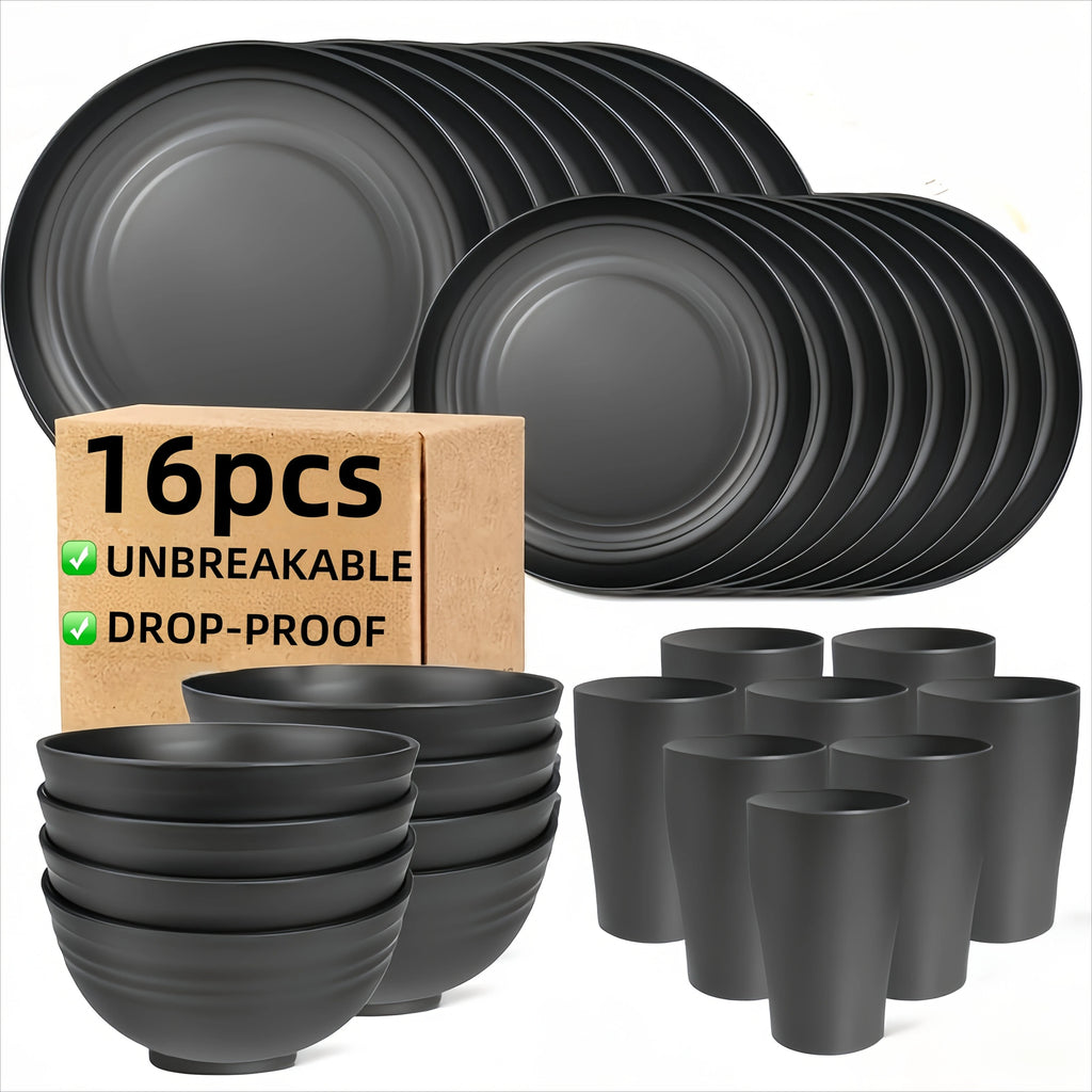 16-Piece Unbreakable Plastic Dinnerware Set with Plates Bowls and Cups Microwave & Dishwasher Safe Black Tableware Set