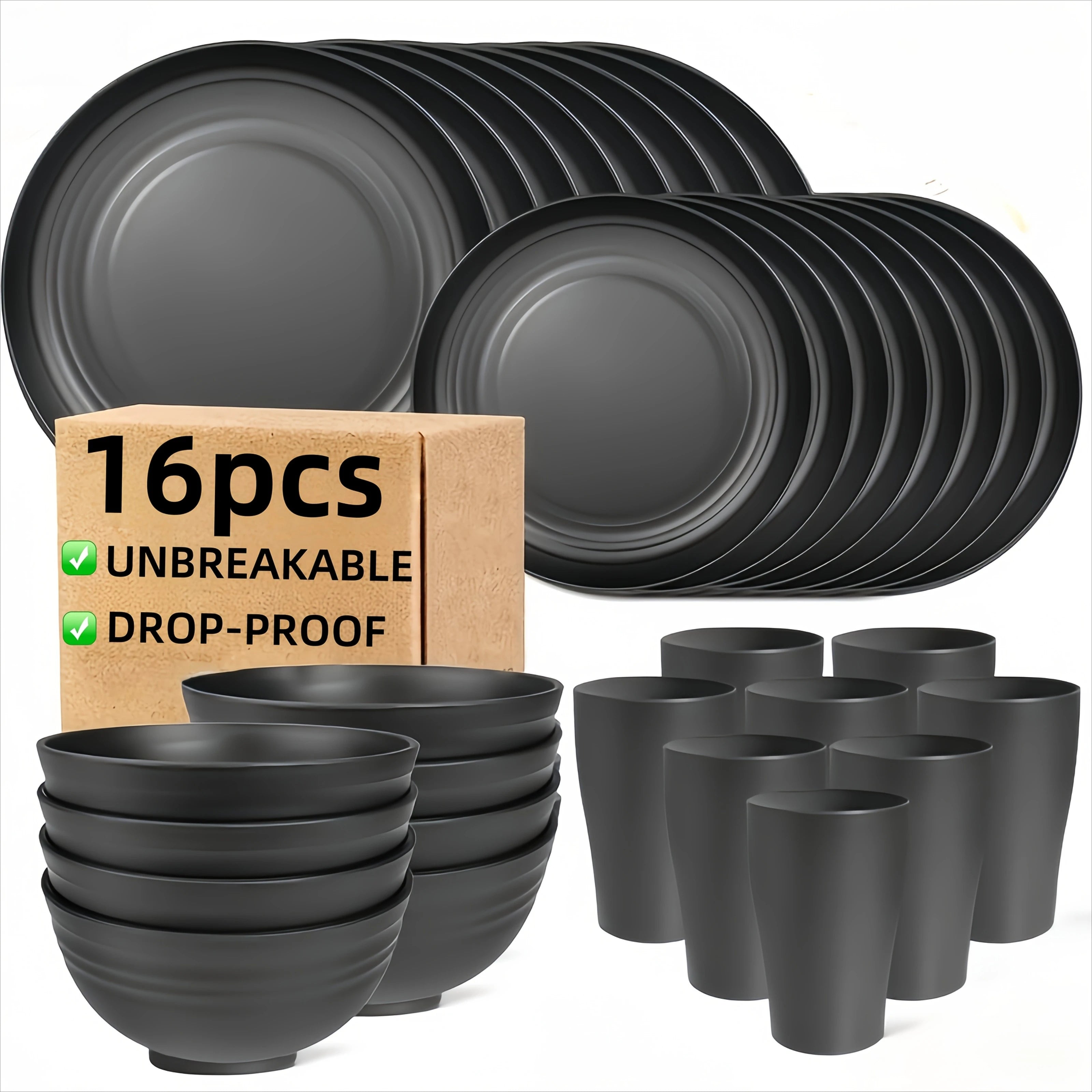 16-Piece Unbreakable Plastic Dinnerware Set with Plates Bowls and Cups Microwave & Dishwasher Safe Black Tableware Set