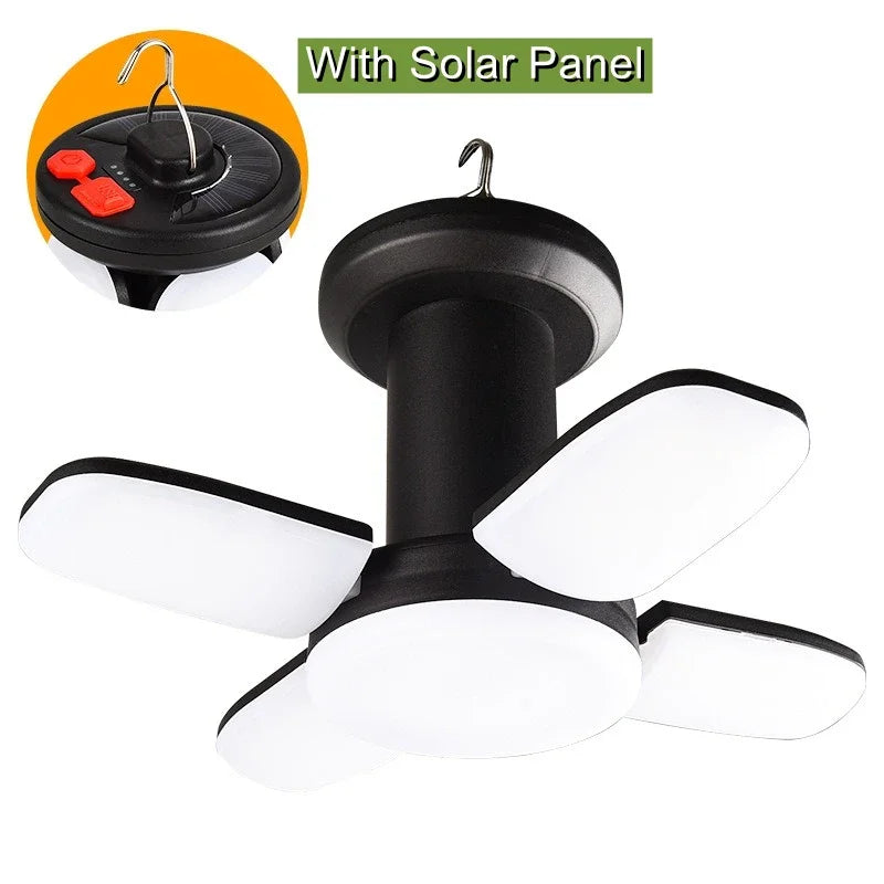 4-Leaf Solar USB Rechargeable LED Camping Lantern with Folding Panels and Hanging Hook