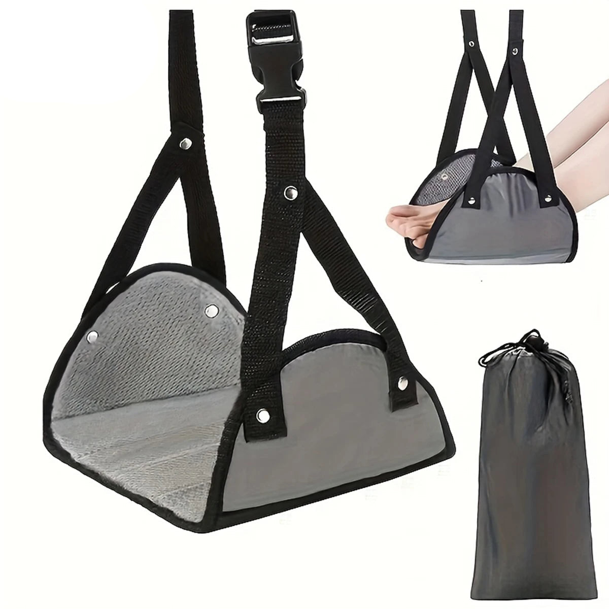 2 Piece Portable Adjustable Light Gray Foot Hammock for Airplane Car and Office Hanging Leg Support with Storage Bag