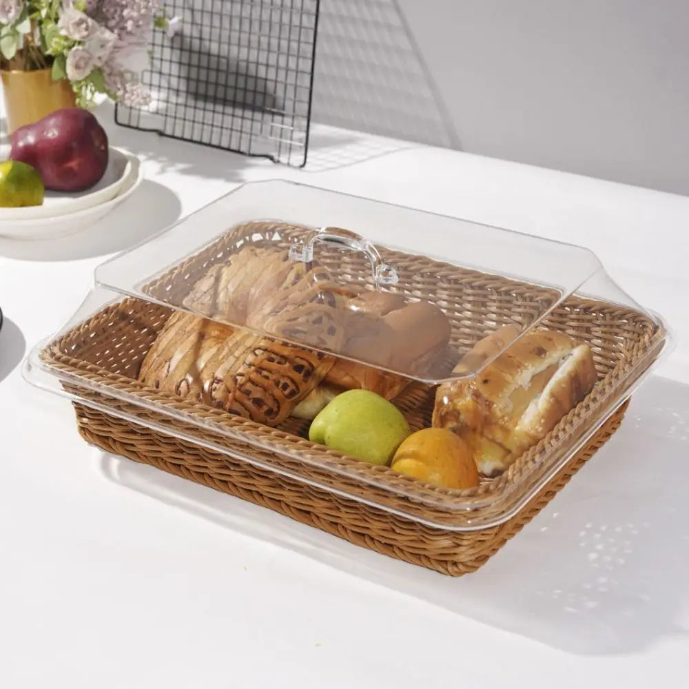 Rectangular Rattan Style Bread Basket with Clear Acrylic Lid for Food Storage and Serving