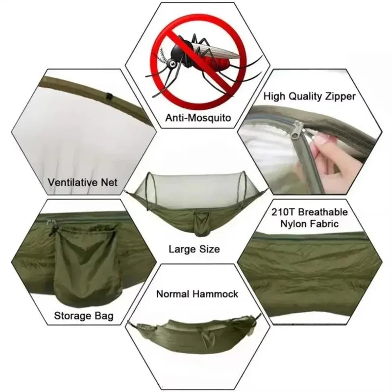 Portable Outdoor Hammock with Integrated Mosquito Net Army Green Camping Hanging Bed