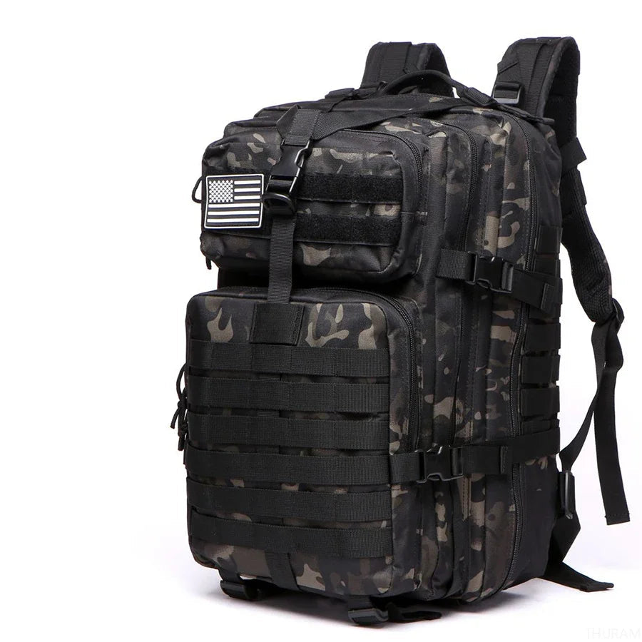 50L Black Camouflage Waterproof Tactical Backpack with Molle Webbing for Hiking Camping Trekking and Travel
