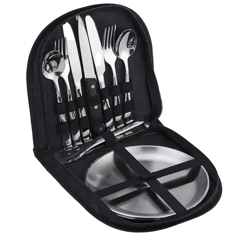 Portable 2 Person Picnic Dinnerware Set Stainless Steel Plates Cutlery Kit with Storage Case for Camping